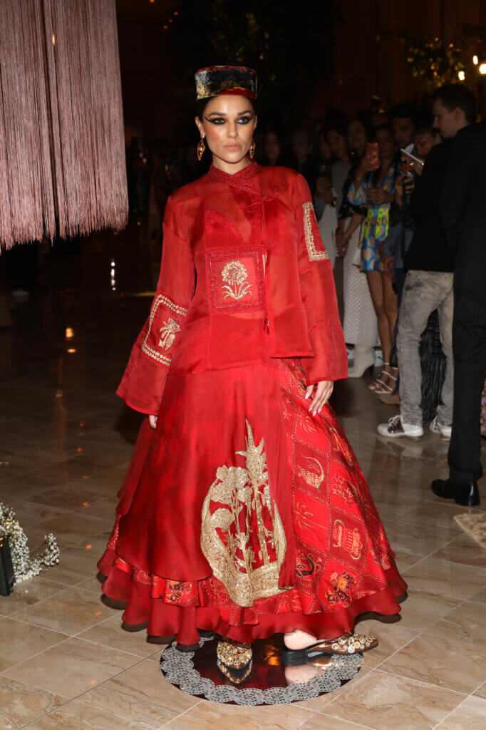 MIAMI, FLORIDA - DECEMBER 03: A model walks for House of Masaba during "Art From The Eye of India" hosted by Nina Magon, Rupi Kaur, and Masaba Gupta at Miami Art Week at The Shelborne by Proper on December 03, 2025 in Miami, Florida.  (Photo by Aaron Davidson/Getty Images for Nina Magon Studio)