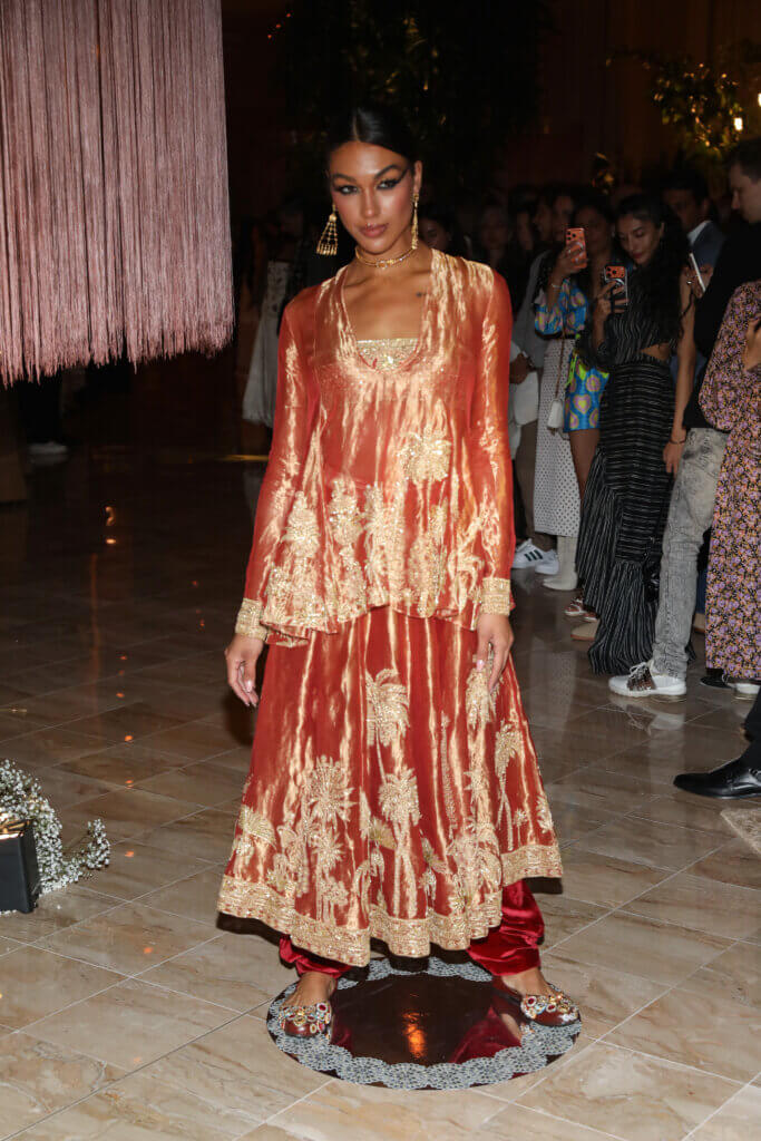 MIAMI, FLORIDA - DECEMBER 03: A model walks for House of Masaba during "Art From The Eye of India" hosted by Nina Magon, Rupi Kaur, and Masaba Gupta at Miami Art Week at The Shelborne by Proper on December 03, 2025 in Miami, Florida.  (Photo by Aaron Davidson/Getty Images for Nina Magon Studio)