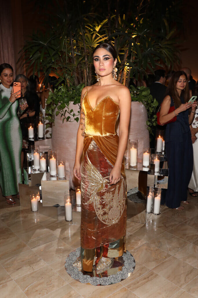 MIAMI, FLORIDA - DECEMBER 03: A model walks for House of Masaba during "Art From The Eye of India" hosted by Nina Magon, Rupi Kaur, and Masaba Gupta at Miami Art Week at The Shelborne by Proper on December 03, 2025 in Miami, Florida.  (Photo by Aaron Davidson/Getty Images for Nina Magon Studio)