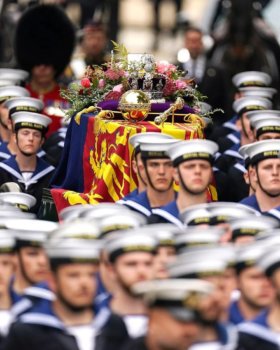 Queen Elizabeth II Is Laid To Rest With State Funeral: Gun carriage with The Queen en route to Westminster Abbey. Photo Credit: Screenshot of CBC broadcast