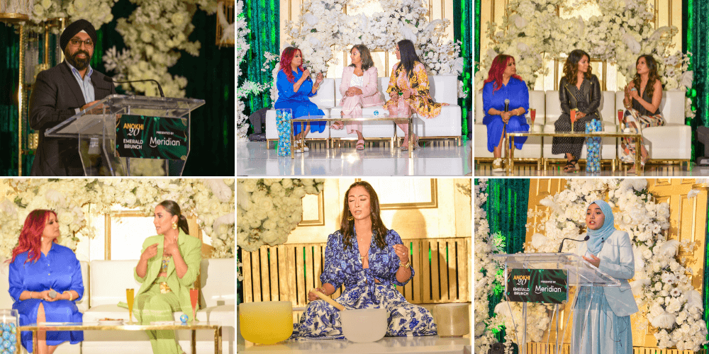 #ANOKHI20: Celebrating 20 Years While Honouring South Asian Empire Builders With Star-Studded Celebrity Fashion Show, Mental Health Awareness Brunch & Entertainment Gala: Counter Clockwise from top left: Lord Ganesh statue at the entrance, Neelam Verma, Dr. Ruby Dhalla, Dinesh K Ramsay, Raj Girn with MP Sonia Sidhu. Photo Credits listed below.