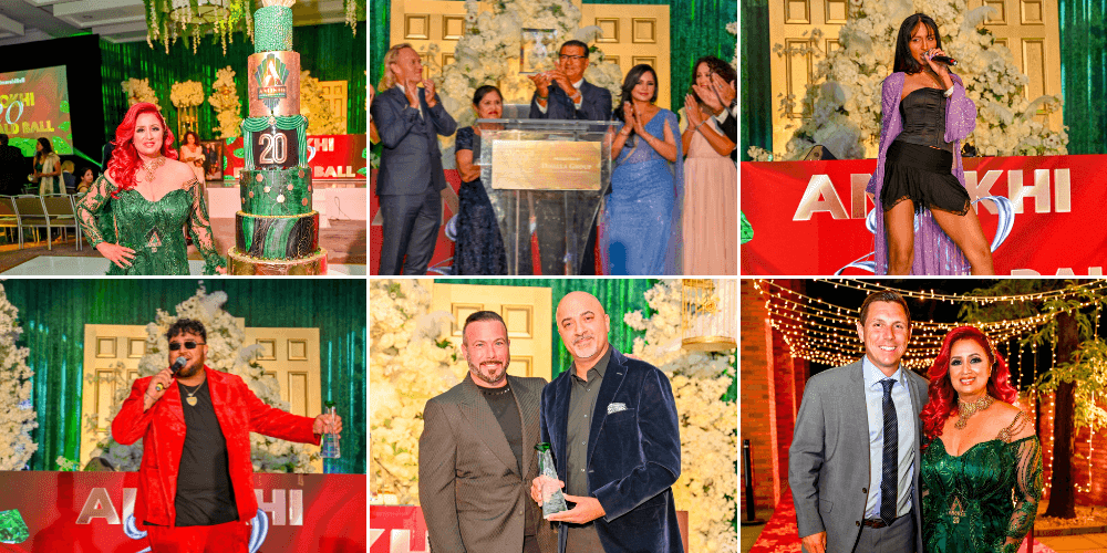 #ANOKHI20: Celebrating 20 Years While Honouring South Asian Empire Builders With Star-Studded Celebrity Fashion Show, Mental Health Awareness Brunch & Entertainment Gala: Counter clockwise from top left: Sunny Sodhi, Raj Girn with Dilys D'Cruz (centre) and Dr. Ruby Dhalla (right), Raj Girn with Karen David (centre) and Natasha Chandel (right), Raj Girn with Tamanna Roashan, Thara Natalie and Sarah Ahmed. Photo Credits listed below.