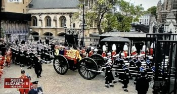 Queen Elizabeth II Is Laid To Rest With State Funeral: Overhead shot of Westminster Abbey. Photo Credit: Screenshot of CBC broadcast