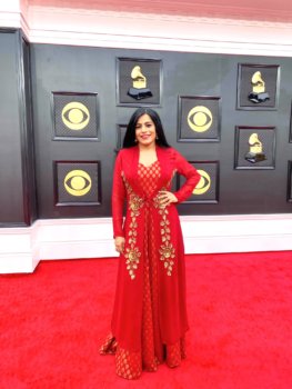 South Asian Heritage Month 2022: 5 South Asian Designers Who Dominated The Hollywood Red Carpet: Falu in Posh Pari Couture by Tina Tandon as she receives her Grammy award for "A Colourful World". Photo Credit: www.instagram.com