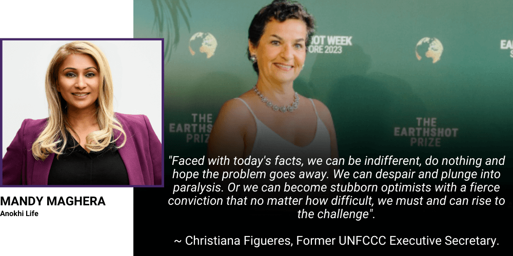 "Faced with today's facts, we can be indifferent, do nothing and hope the problem goes away.  We can despair and plunge into paralysis. Or we can become stubborn optimists with a fierce conviction that no matter how difficult, we must and can rise to the challenge" Christiana Figueres, Former UNFCCC Executive Secretary.