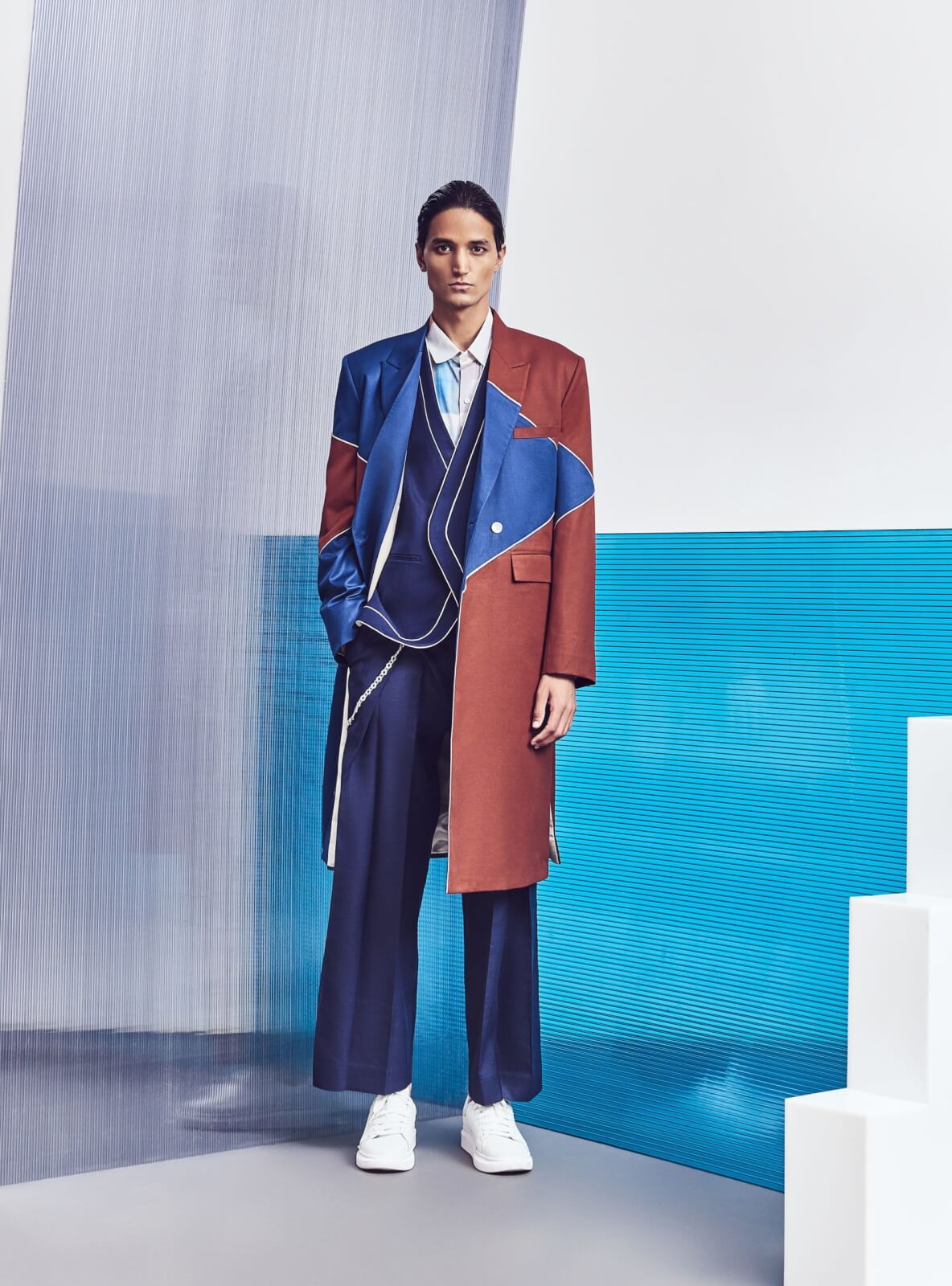 Line Outline - Rust and blue trench coat