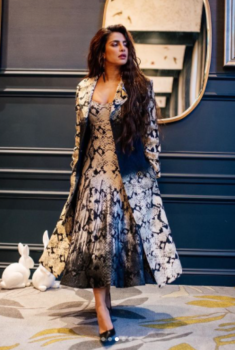 Celeb Style Alert: 5 Days Of Priyanka Chopra Jonas' Sophisticated Style During Her Matrix Press Tour: PCJ in gorgeous body con blue and white Proenza Schouler