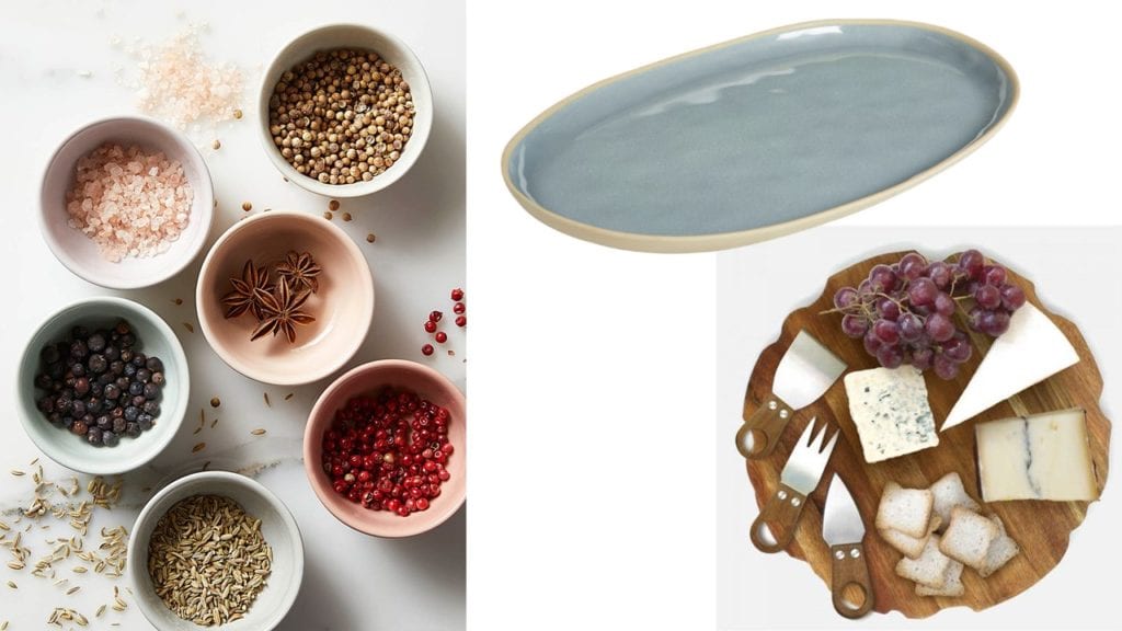 Left: Pastel Rainbow Pinch Bowl Set (Simons, $20 CDN/set of 6), Top right: Marine Blue and Beige Serving Tray (HomeSense, $16.99 CDN), Bottom right: Alpine Charcuterie Board by Natural Living (Linen Chest, $19.95 CDN)