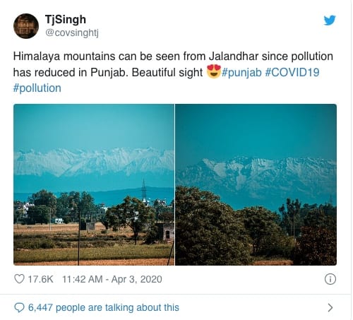 COVID-19: Are We The Virus? The (Much) Cleaner Earth Breathes In New Life Thanks To Global Lockdown: The Dhauladhar mountain range clearly visible.