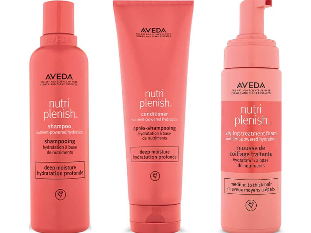 #ANOKHI20: Here’s How You Can Get The Best Beauty Looks From The ANOKHI Emerald Series: (L-R): Aveda nutriplenish shampoo deep moisture, nutriplenish conditioner deep moisture and styling treatment  foam. Photo Credit: www.aveda.ca