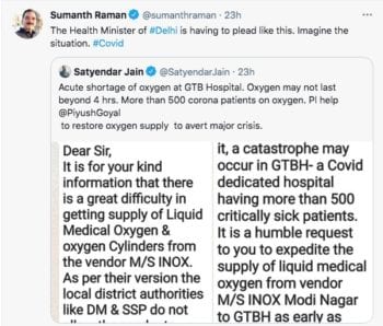 India Is Running Out Of Oxygen As The Country Collapses Under COVID-19: Pleas for help filling up the newsfeeds. Photo Credit: www.twitter.com