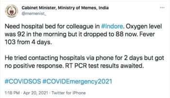 India Is Running Out Of Oxygen As The Country Collapses Under COVID-19: Pleas for help filling up the newsfeeds. Photo Credit: www.twitter.com
