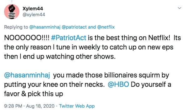 Log Kya Kahengi: 5 Reasons Why Cancelling Patriot Act With Hasan Minhaj Is A Huge Mistake: People's reaction on twitter shows their disappointment on Netflix's decision. Photo Credit: www.twitter.com