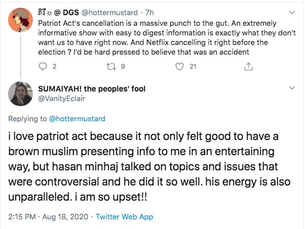 Log Kya Kahengi: 5 Reasons Why Cancelling Patriot Act With Hasan Minhaj Is A Huge Mistake: People's reaction on twitter shows their disappointment on Netflix's decision. Photo Credit: www.twitter.com