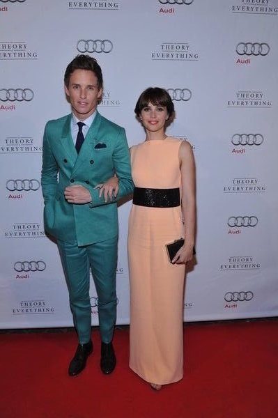 Actors Eddie Redmayne and Felicity Jones arrive at Patria for a premiere party presented by Audi after the screening of their film, The Theory of Everything. 