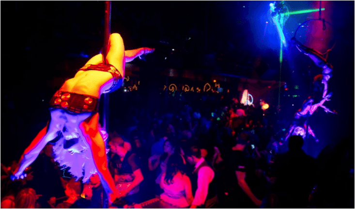 Description: Cirque du Soleil aerial performers entertain the crowd at Light Nightclub inside Mandalay Bay Hotel & Casino in Las Vegas on July 5, 2013.