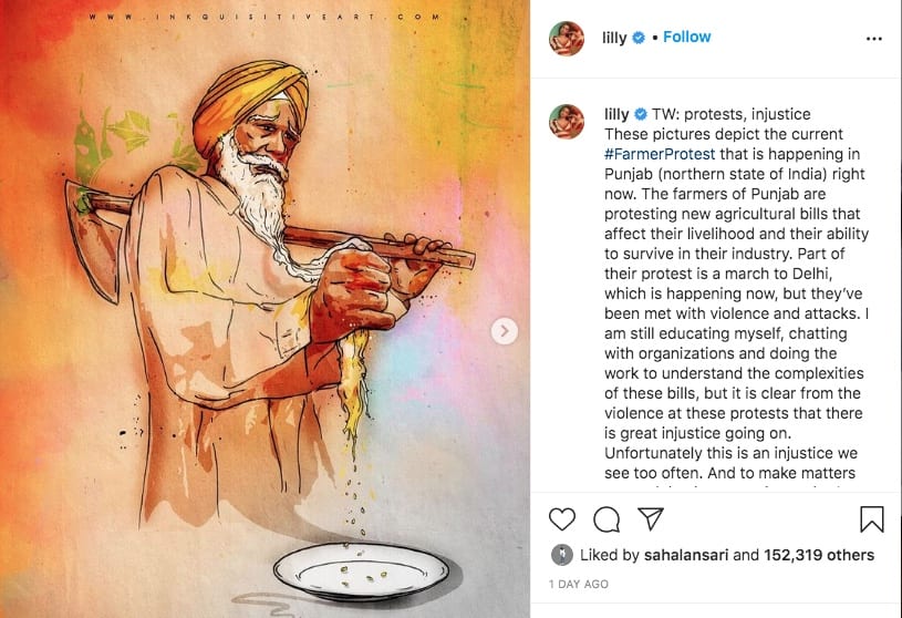 Delhi Chalo: The Farmers Protests of India: Many celebs have voiced their concern and support for the farmers of India. Photo Credit: www.instagram.com/rupikaur