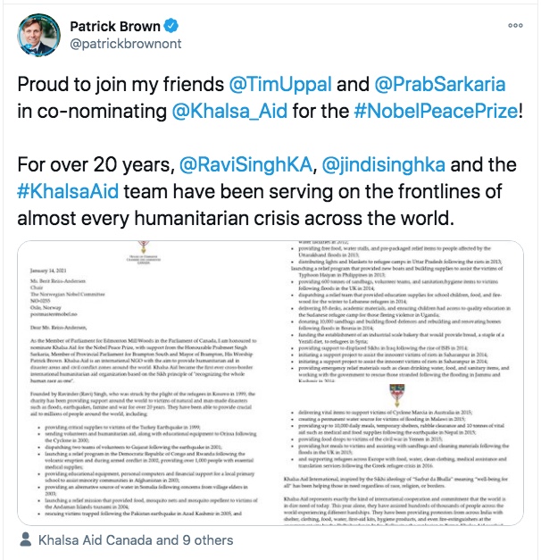 Khalsa Aid Makes History With Nobel Prize Nomination: Canadian nominators tweet out their support. Photo Credit: www.twitter.com