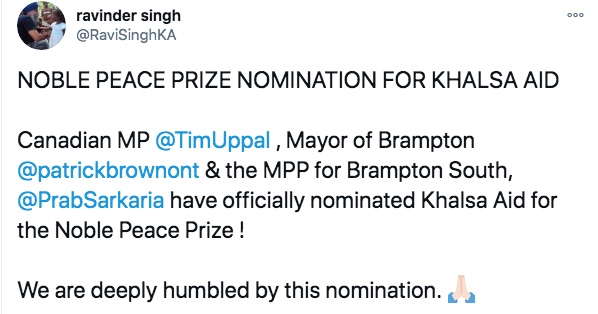 Khalsa Aid Makes History With Nobel Prize Nomination: Canadian nominators tweet out their support. Photo Credit: www.twitter.com