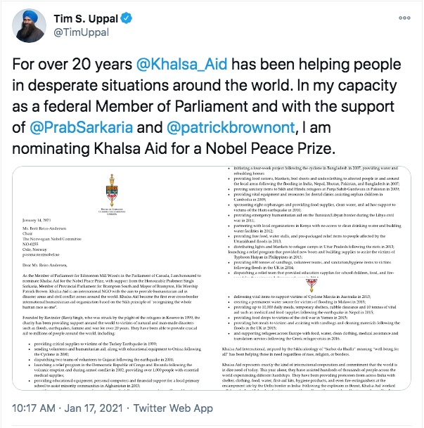 Khalsa Aid Makes History With Nobel Prize Nomination: Canadian nominators tweet out their support. Photo Credit: www.twitter.com