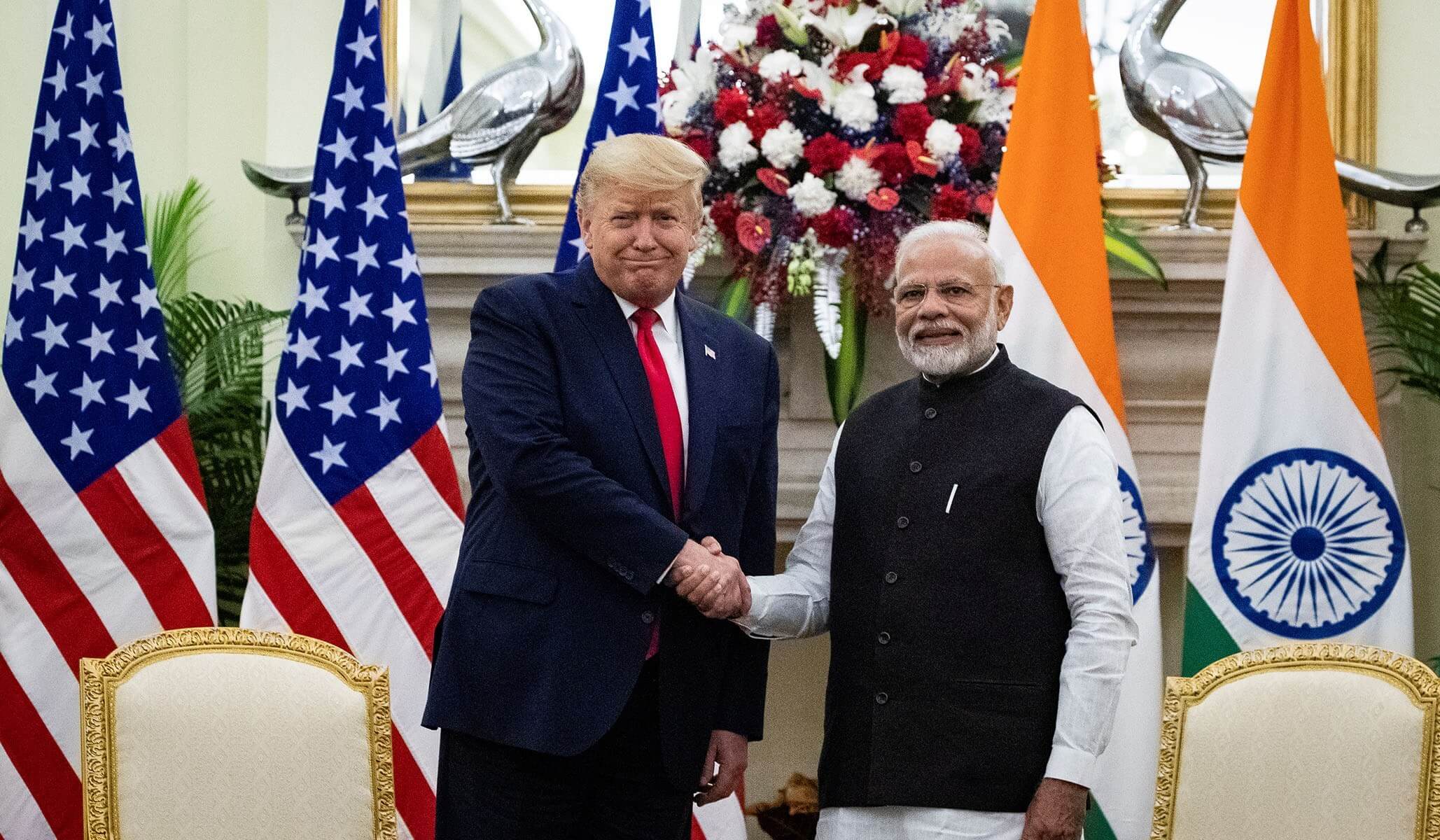 Namasate Trump: U.S. President Donald Trump and Indian Prime Minister Narendra Modi shake hands.