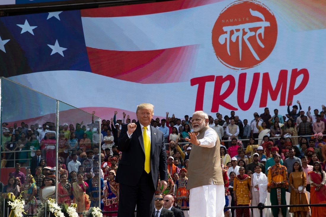 Namaste Trump: The President of the US Donald Trump and Prime Minister of India, Narendra Modi at the rally in Ahmadabad. 